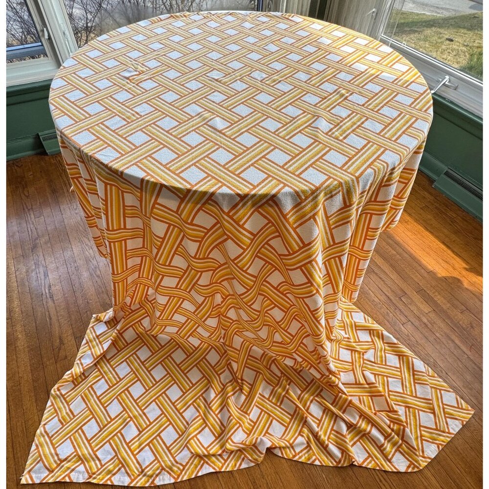 Vintage 70s flannel sheet, flat/top, orange yellow geometric, twin bed, for 1